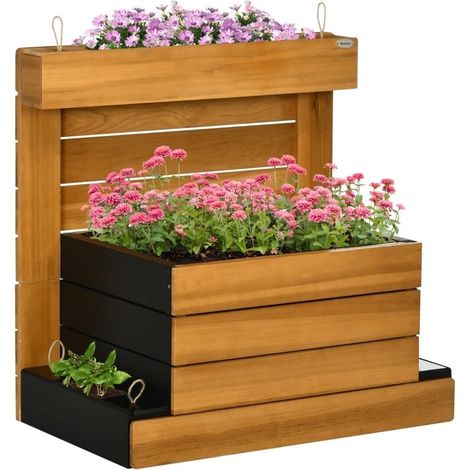 Potager surélevé avec 4 bacs à fleurs, jardinière avec système d'arrosage automatique, doublure en polaire, en bois, marron, 79,5 x 49,5 x 80 cm