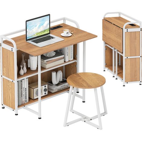 Costway – Bureau pliable avec tabouret – Dimensions 90 x 55 x 83 cm – 2 étagères ouvertes – Prises AC, port USB et Type-C intégrés – Bois ingénierie, métal (1/5)