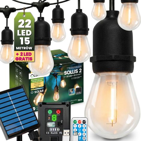 Ghirlanda solare da giardino con 22 lampadine LED decorative, 15 m, 2700K luce calda + telecomando IP65 Sollis 2 Lumiled (1/5)