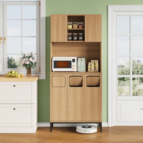Armoire de cuisine 80x35x181 cm naturelle en MDF avec tri des déchets, niche micro-ondes et rangement vertical