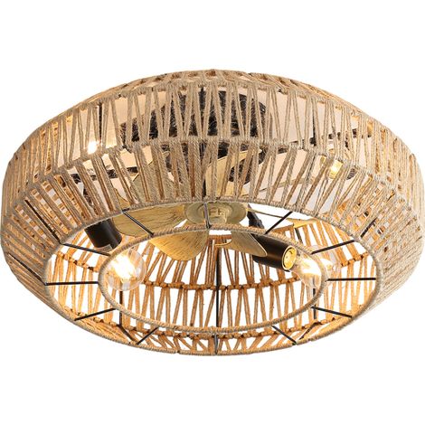 Ventilateur de Plafond avec Lampe Cage Rotin Bohème Moteur DC Réversible 6 Vitesses Télécommande Ø56cm Noir (1/5)