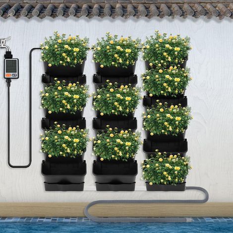 Plante murale verticale suspendue avec système d'irrigation automatique, pot de fleurs mural vertical à suspendre avec 18 pots, pot de fleurs de jardin vertical avec minuteur (1/5)