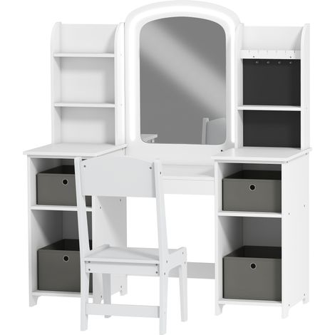 Kinderschminktisch mit Hocker und LED-beleuchtetem Spiegel, 104 x 40 x 112 cm, weiß, für Kinder von 3 bis 8 Jahren