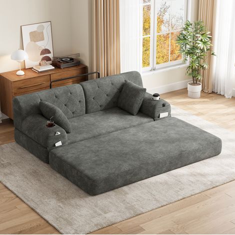 Canapé-lit 168x80x81 cm gris foncé en velours côtelé avec dossier haut, 4 poches et 2 porte-gobelets (1/5)