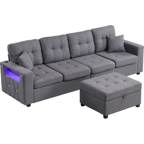 Canapé gris antique d'angle modulable 4 places en lin, avec pouf de rangement, ports de charge USB et Type-C, éclairage LED. (1/5)