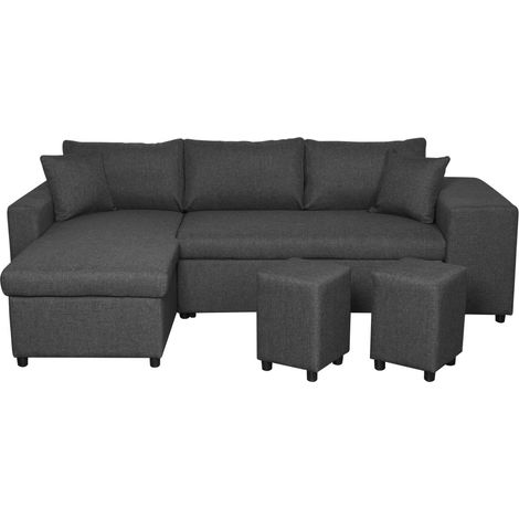Canapé d'angle réversible OSLO avec coffre et poufs droit - Tissu gris foncé (1/5)