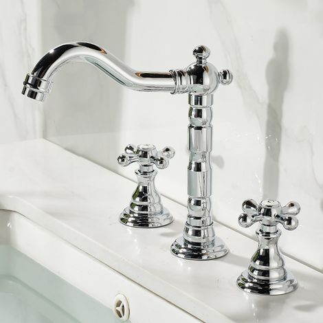 Robinet Vintage Salle de Bain 3 Trous Mitigeur Lavabo Chrome Laiton (1/5)