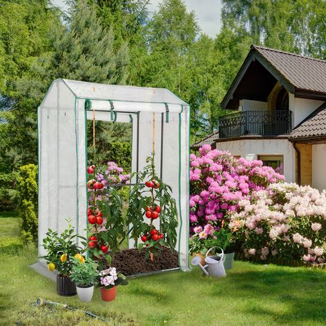 Serre de jardin verte en acier avec couverture PE imperméable, 2 portes zippées et 4 étagères pour jardin, terrasse et potager (1/5)