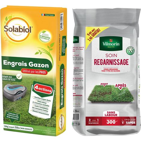 Lot d'un sac de Gazon soin regarnissage 5kgs  et d'un sac engrais gazon 10kgs