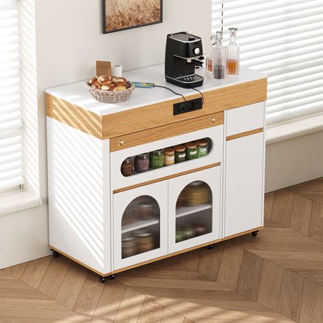 Îlot de cuisine mobile sur roulettes, table extensible avec prises intégrées et plan en verre strié, meuble à tiroir unique, convertible en buffet ou console pour cuisine et salle à manger (blanc et b (1/5)