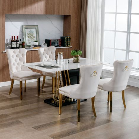 Lot de 2 Chaises de Salle à Manger Haut de Gamme, Bois Massif Capitonné Velours Beige, Pieds en Acier Inoxydable Doré, Garniture Cloutée, Style Contemporain Élégant pour Intérieur Maison (1/4)