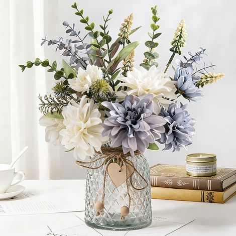Fleurs en Soie avec Vase, Arrangement de Fleurs artificielles avec Vase en Verre pour décoration de Centre de Table (Dalia) (1/5)