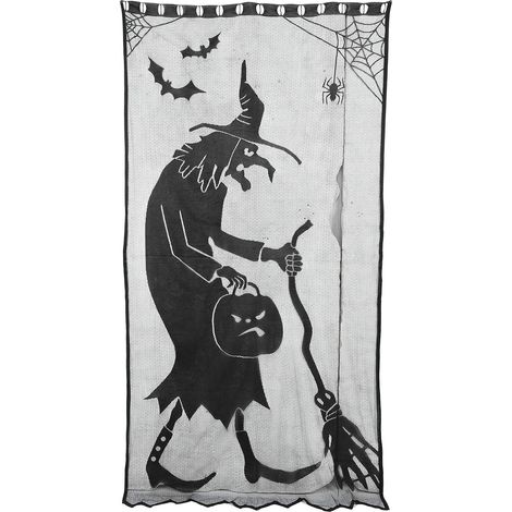 Rideaux d'Halloween en dentelle de sorcière noire avec motif chauve-souris, 82 x 40 pouces, créant une atmosphère de fête effrayante à la maison. (1/5)