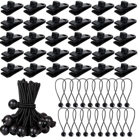 60 clips de fijación negros para lona + tensores elásticos, clips de bloqueo para toldos/caravanas/cubiertas de piscina