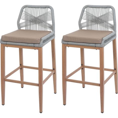 Lot de 2 tabourets de bar Rope HWC-O21, coussins d'extérieur en corde tressée métal aspect (1/5)