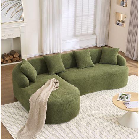 Canapé d'angle modulable courbé 3 places, méridienne gauche, chenille, vert, sans montage DESVIAE (1/5)