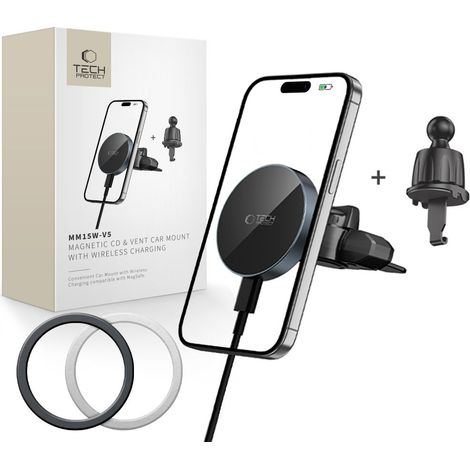 Tech-protect MM15W-V5 Caricabatterie wireless per auto con supporto magnetico MagSafe per CD e bocchetta di ventilazione, 15W, nero/nero (1/5)