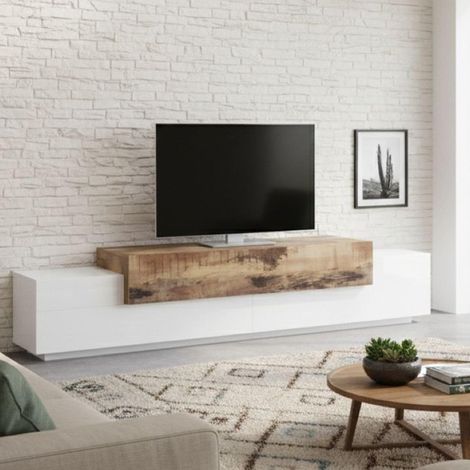 Meuble TV Nico, Buffet bas de salon, Base pour meuble TV, 240x45h52 cm, Blanc brillant et érable (1/5)