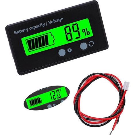 Indicateur de capacité de batterie CC, voltmètre de batterie, indicateur de batterie au plomb-acide, affichage LCD CC 12 V, 24 V, 36 V et 48 V (lumière verte) (1/4)
