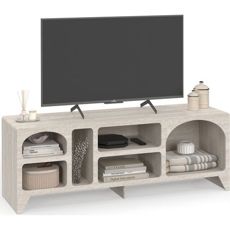 140 cm breiter TV-Schrank im organischen Design "ALESIA" mit 6 Fächern aus Holz in Travertin-Optik (1/5)