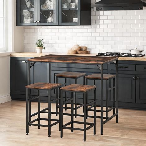 Set table haute et tabourets de bar 5 pièces bois et acier brun (1/5)