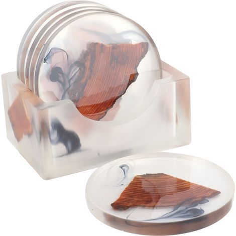 6-teiliges Getränkeuntersetzer-Set, hitzebeständig, aus Kiefernholz und Harz, Becherunterlage, Tischplattenschutz (rundes Untersetzergestell) (1/5)