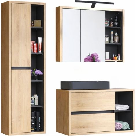 Set MATT: Waschtischunterschrank 100cm + schwarzes Aufsatzbecken + Stauraumsäule + Spiegelschränke + LED