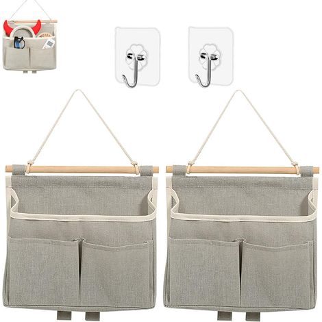 Lot de 2 sacs de rangement muraux suspendus - sacs de rangement imperméables en lin et coton pour documents et magazines - pour salon, chambre et salle de bain (gris) (1/5)