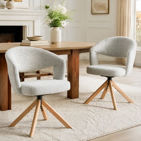 Juego de 2 sillas de comedor giratorias de tejido gris claro con patas de madera maciza (1/5)