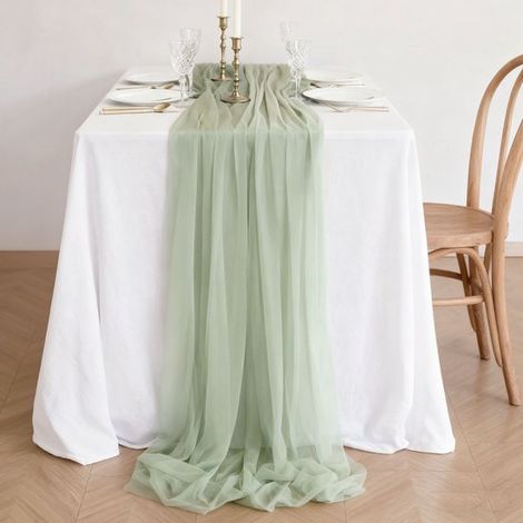 Dos caminos de mesa de gasa, decoración de mesa para bodas bohemias, 75x300cm - Verde grisáceo (1/5)