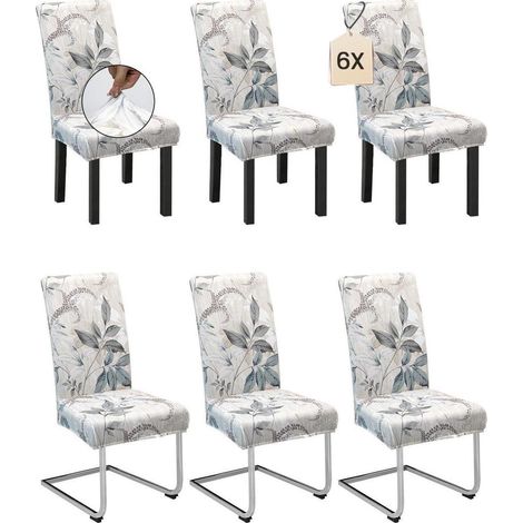 Housses de chaise motif feuilles grises, lot de 6, extensibles et lavables (1/5)