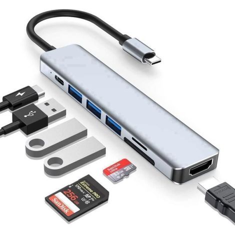 Hub USB C - Multiport 7-en-1 - HDMI - Port PD 87W - USB 3.0 - SD/TF (1/5)