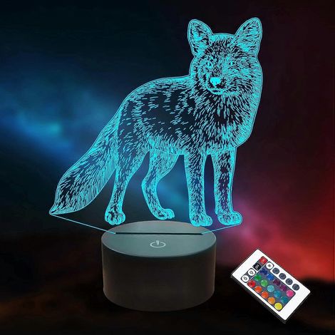 Cadeau Loup pour Enfants Filles, Lampe Veilleuse LED Illusion Animale 3D avec Télécommande 16 Couleurs Changeantes (Renard) (1/5)