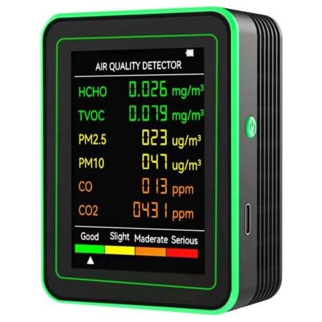 Moniteur de qualité de l'air 6 en 1, détecteur multifonctionnel pour PM2,5, PM10, CO, CO2, HCHO et TVOC (1/4)