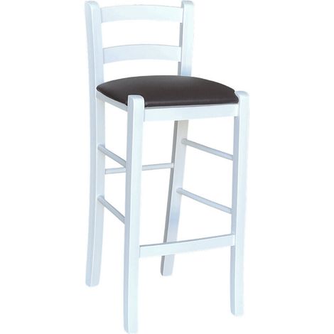 Weißer Holzhocker mit braunem Kunstledersitz, Höhe 67 cm vom Boden bis zur Sitzfläche