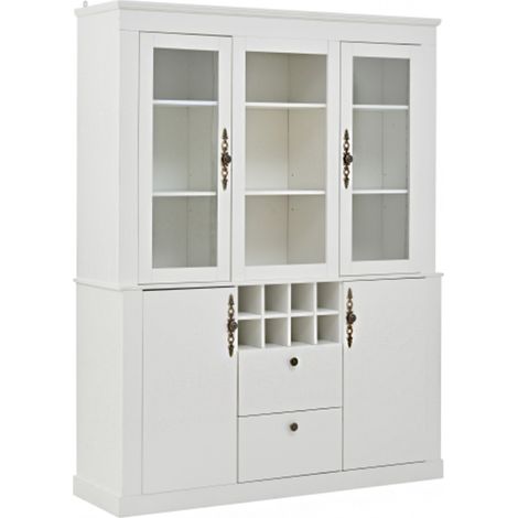 13037.5170.5cm Vitrine, Standvitrine mit 2 Schubladen 4 Schranktüren, Glasvitrine mit LED, Wohnzimmerschrank 130 cm breit, Multifunktionsschrank mit 8 Weinregal, Großer Schrank, Weiß (1/5)