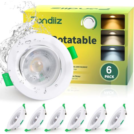 Spot LED Encastrable Orientable, 5W 480LM Spots de Plafond Encastré Blanc Chaud 2700K Blanc Neutre 4000K Blanc Froid 6000K Réglable, IP44 Spot pour Salle de Bain Salon, Trou Ø70-80mm, Lot de 6