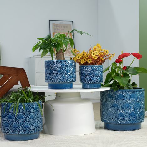 Pot de fleurs Ø24 cm en céramique bleue, gain de place pour salon FloraGrace (1/5)