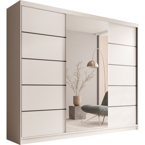 Les Tendances – Armoire coulissante 3 portes avec miroir – Largeur 250 cm – Panneaux stratifiés 16 mm – 11 étagères + penderie – Design moderne blanc (1/5)