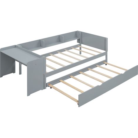 Letto bambino 90 x 200 cm grigio con letto estraibile, scrivania e 3 ripiani MODENUIT (1/5)