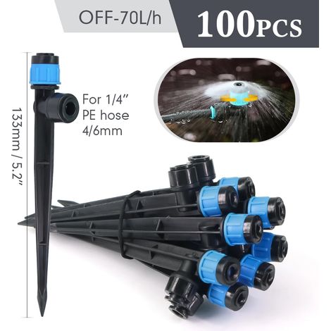 (100 pièces) Arroseur à bulles de 13 cm avec piquet, raccord rapide 1/4″, goutteur réglable pour l'irrigation de jardin, pelouse et grandes surfaces (0-80 L/h). (1/5)