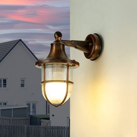 Außenwandlampe in Kupfer antik IP64 E27 Glas Messing massiv Maritim Außenleuchte