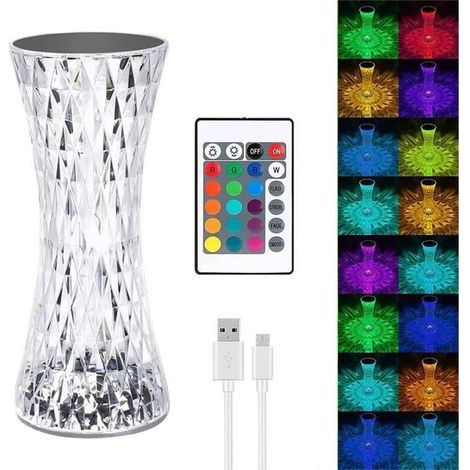 Lampe de chevet cristal Lampe de table diamant LED avec 16 couleurs-Lumière d'ambiance rechargeable,Commande tactile et (1/4)