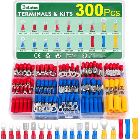 Lot de 300 Cosses de Câble, 0,5 à 6,0 mm², Assortiment de Cosses Plates, Fourchettes et Annulaires, Connecteurs à Sertir pour Voiture (1/5)