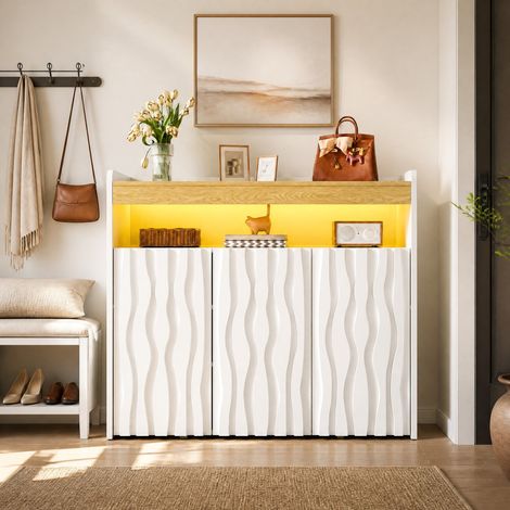 Schuhschrank mit LED, 3 Türen, verstellbaren Einlegeböden, weiß/natur OKMYHOME (1/5)