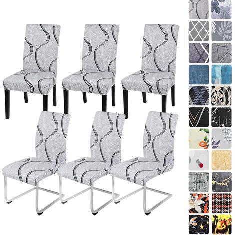 Lot de 6 housses de chaise extensibles, élastiques, amovibles et lavables, protection pour salle à manger, restaurant, hôtel, banquet et mariage, motif ondulations grises (1/5)