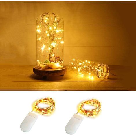 Guirlande lumineuse féérique (lot de 2) de 2 m (6,56 pi) avec 20 mini LED, fonctionnant sur piles, étanche, blanc chaud, effet luciole, sur fil de cuivre, idéale pour la décoration de la maison, des m (1/5)