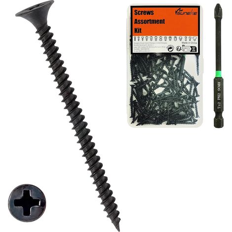 Lot de 150 vis pour cloison sèche M4,2 mm x 35 mm, haute dureté, phosphate, filetage grossier, tête plate, vis à bois avec boîte de rangement et 1 embout long PH22 (1/5)