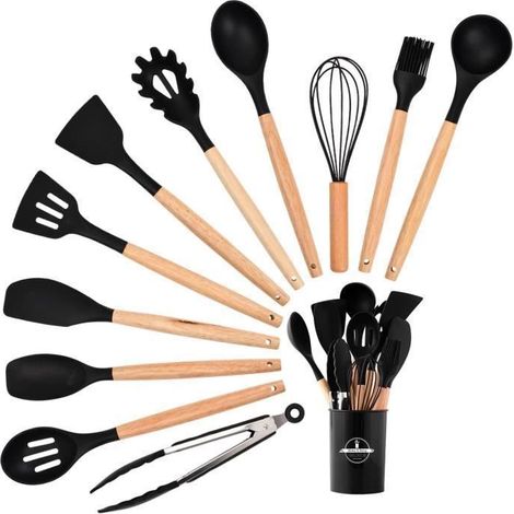 Set Ustensiles de Cuisine - Noir - 12PCS - Silicone - Bois - Résistant à la chaleur (1/5)