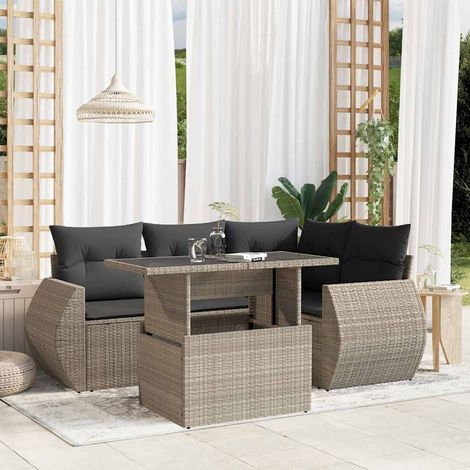 Ensemble de jardin 5 places en résine tressée gris clair avec coussins et table à hauteur réglable Salon modulaire extérieur pour terrasse (1/5)